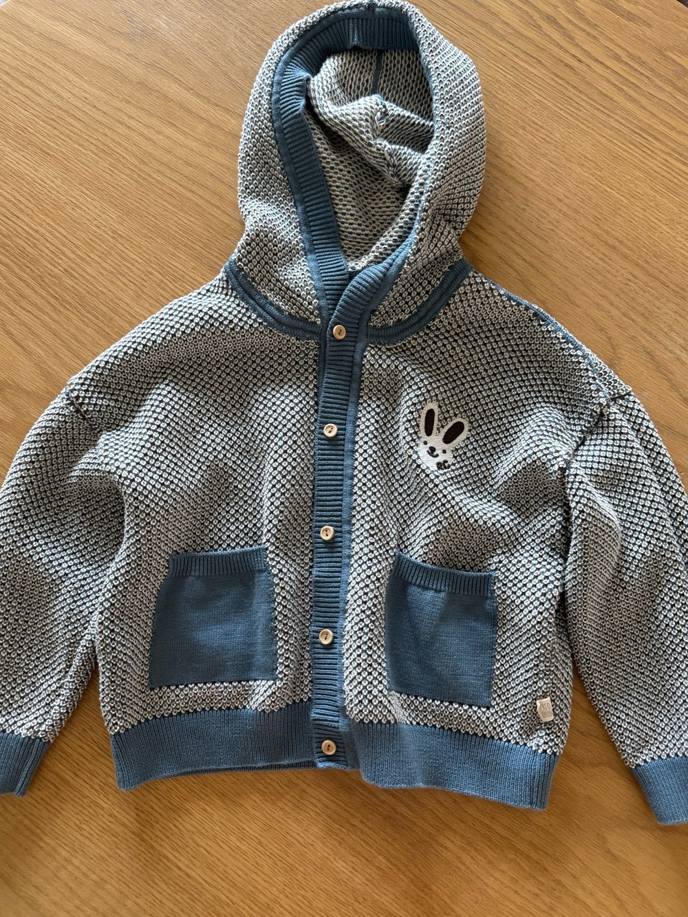 Kids Hooded Knit Cardigan with Bunny Patch - Blue & Cream
